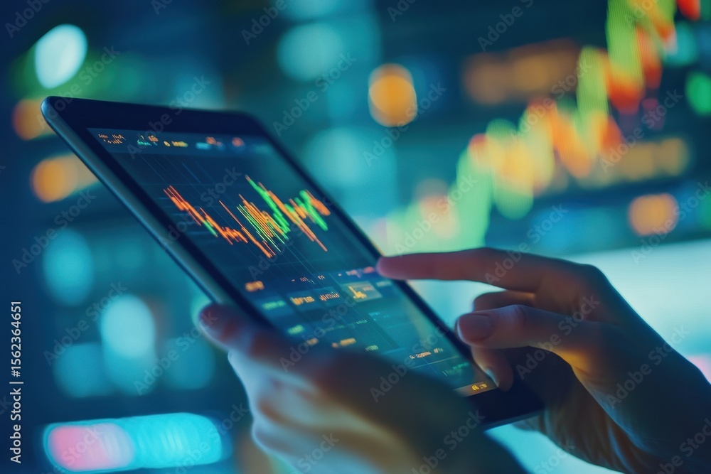 Poster financial analysts collaborating and processing data using tablet technology in a modern office, fin