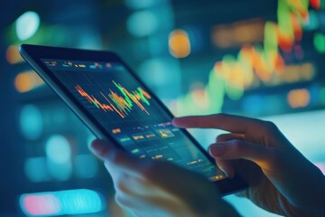 Financial analysts collaborating and processing data using tablet technology in a modern office, financial data processing over diverse colleagues working in office