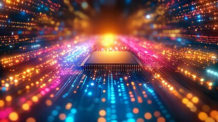 Microchip on circuit board with vibrant glowing lights, futuristic digital style, dark background, concept of technology and data transfer - Powered by Adobe