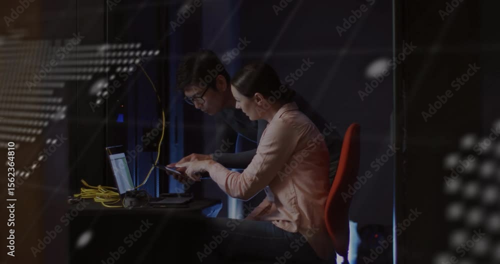 Poster woman pulling tablet after scrolling laptop and colleague pointing at tech code and map animating