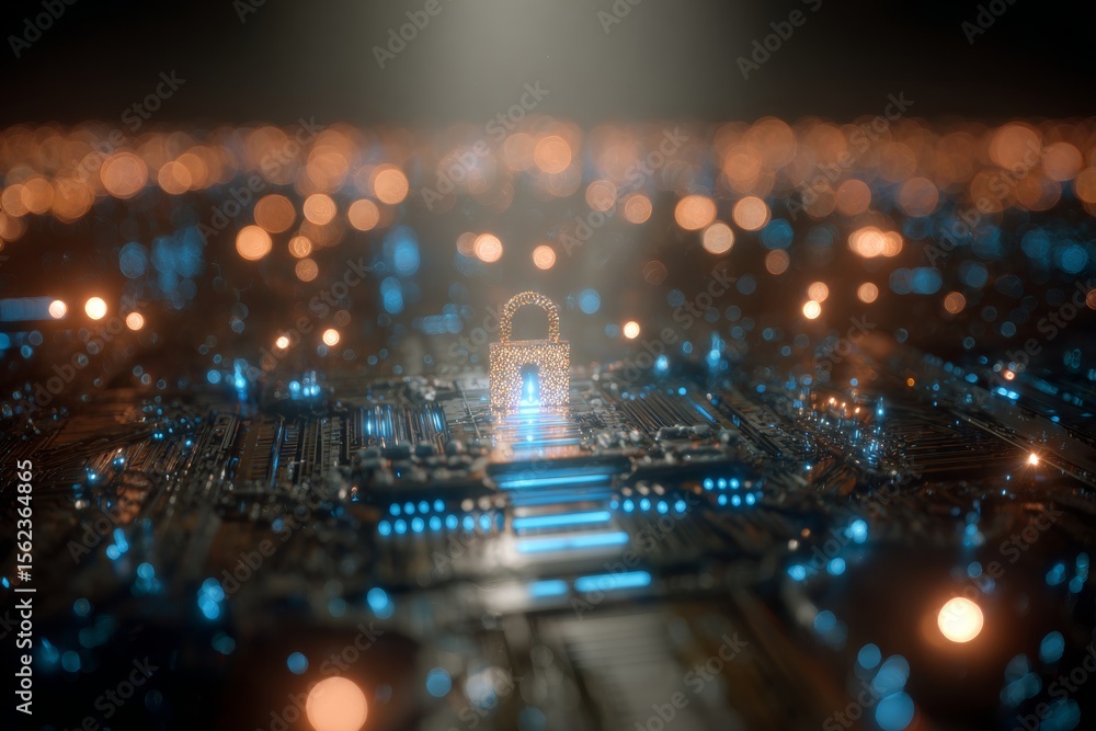 Poster glowing padlock circuit represents cybersecurity, data protection and encryption technology concept 