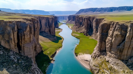 A river flows through a canyon with green grass on the banks
