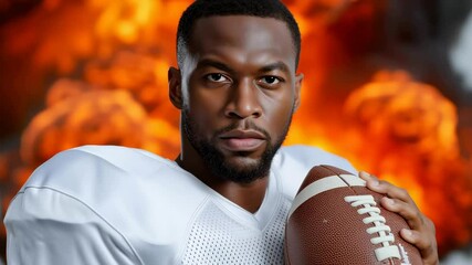 Focused athlete holding football in front of fiery background displaying determination and intensity