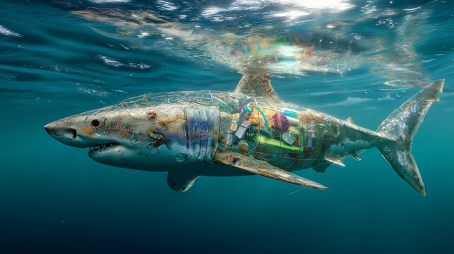Surreal photorealistic image of a shark partially made of plastic waste, swimming through sunlit ocean water. A striking visual metaphor for marine pollution and the environmental crisis.