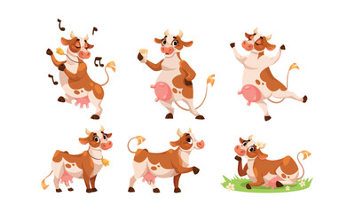 Naklejka premium Playful Cartoon Cows Displaying Various Charming Poses for Amusement and Joyful Fun