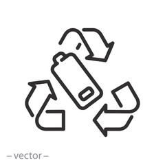 recycle battery icon, recycling used battery, waste management, eco friendly concept, thin line symbol on white background - editable stroke vector illustration