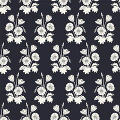 Seamless pattern with black silhouette canary islands flowers mallow bindweed in vintage millefleur style. Monochrome hand drawn classic floral wallpaper vector illustration