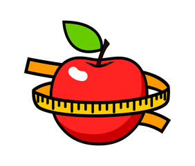 Red apple and measuring tape. Slim figure concept. Fitness and diet icon