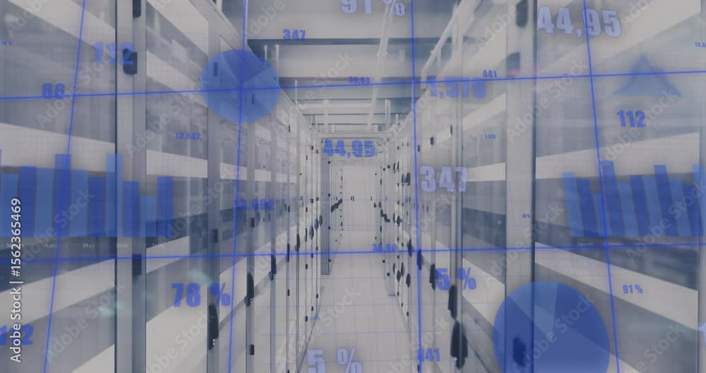 Aufkleber blue grid emerging camera gliding server aisle with floating data charts visualizing metrics