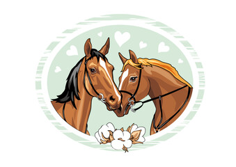 Portrait of two loving horses in a frame with blooming cotton