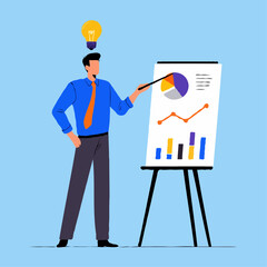 Man with a lightbulb above his head presenting a business chart with graphs and data