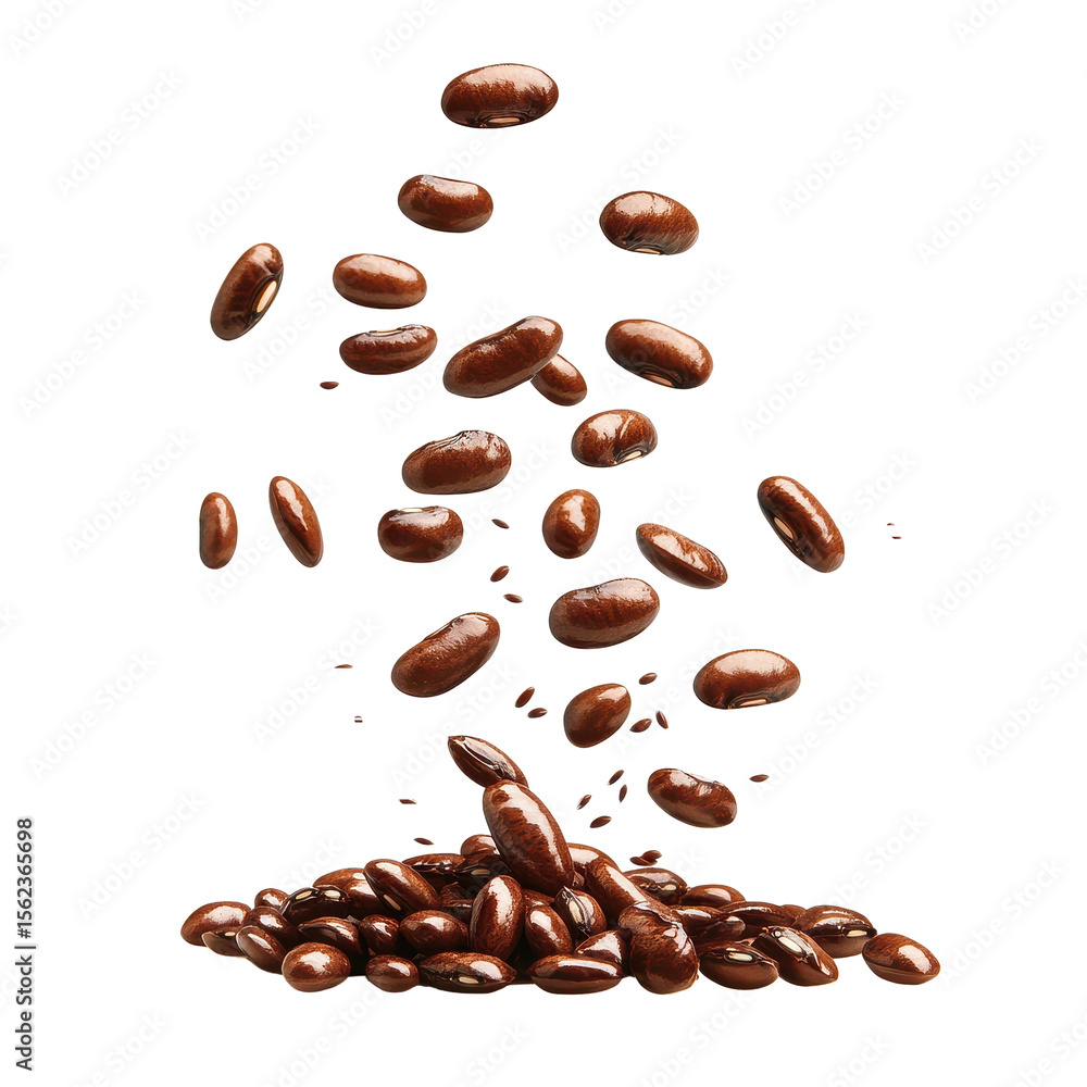Poster falling beans create a dynamic display against a clean white background, falling beans isolated on w