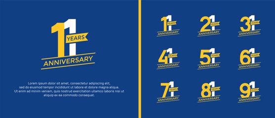 set of anniversary logo flat yellow and white color on blue background for celebration moment