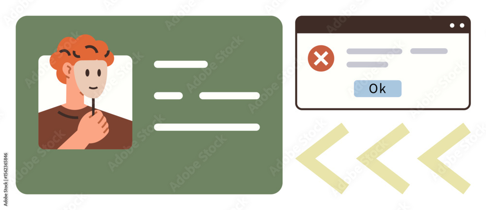 Poster persons profile card alongside error message window with ok button and navigation arrows. ideal for 