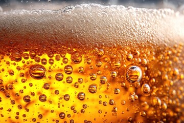 Cold amber beer with foam and condensate, macro, cold foamy drinks concept, texture