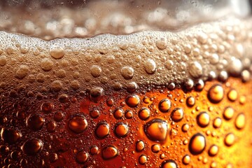 Cold amber beer with foam and condensate, macro, cold foamy drinks concept, texture