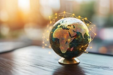 Globe showcasing data connections and global communication in a modern setting, globe with connections over data processing