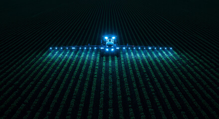 Illuminated Tractor Working At Night: Efficient Crop Care & Farm Innovation. Perfect for showcasing advanced farming. Night Sprayer in Field