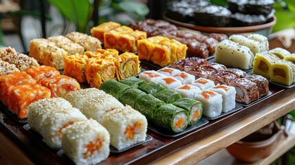 Colorful sushi platter, restaurant buffet, greenery background, food photography