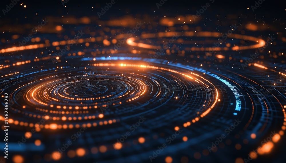 Aufkleber digital hologram of circles and radars featuring computer language on black background: a fusion of 