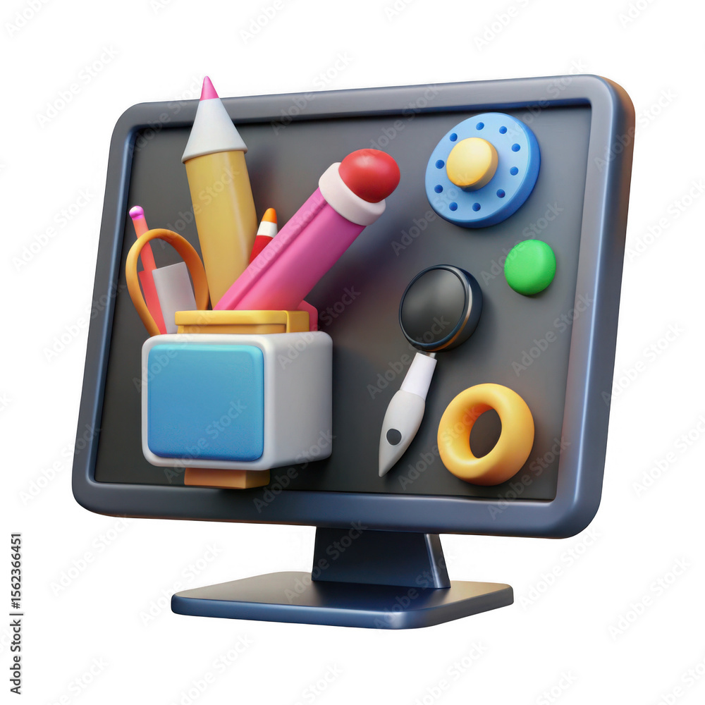 Poster colorful stationery on computer screen isolated on transparent background