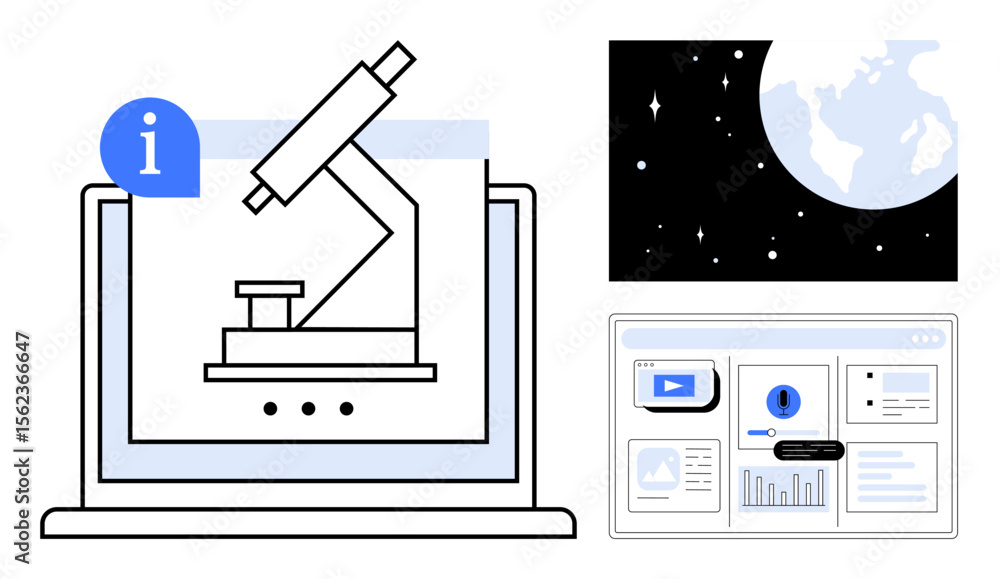 Poster laptop screen featuring a microscope icon, data-centered websites, and an earth view in space. ideal