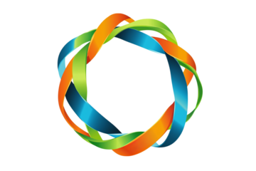A colorful circular ornament made of intertwined ribbons and rings, centered on a white isolated on a transparent background in PNG format.