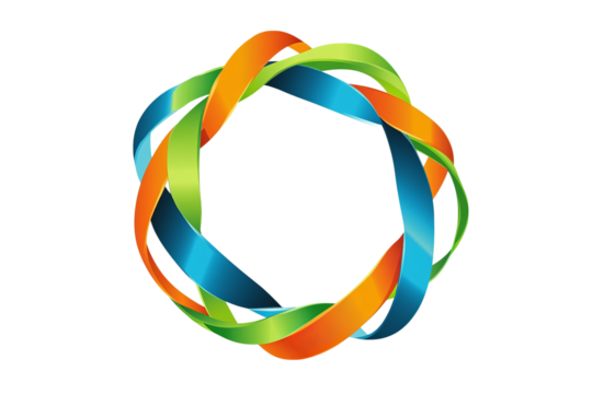 A colorful circular ornament made of intertwined ribbons and rings, centered on a white isolated on a transparent background in PNG format.