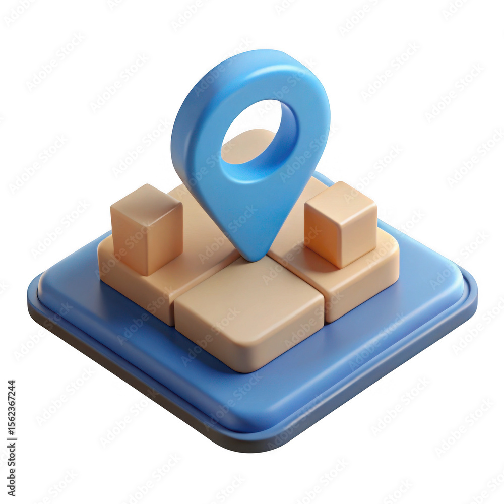 Fototapete 3d location pin on map blocks isolated on transparent background