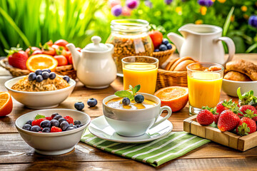 Sunlit Breakfast Table with Nutritious and Colorful Healthy Foods, Fresh Morning Feast, Created with AI Generative