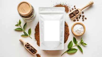 A product photography composition featuring a white resealable pouch package in the center with a blank label.