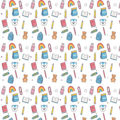 A seamless pattern featuring cute school-related doodles including teddy bears, milk cartons, pencils, backpacks, books, rainbows, and cartoon faces on a white background.