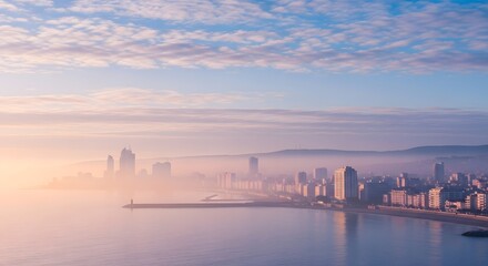Panoramic coastal cityscape bathed in soft morning light features a tranquil sea and a hazy skyline with buildings.