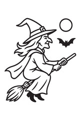 Halloween Witch Outline Design Black and White