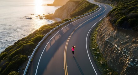 Coastal Highway Run: Woman in Pink Top Jogging Along Scenic Ocean Road at Sunset