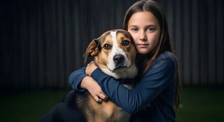 Girl and Dog Embrace in Rainy Night Portrait