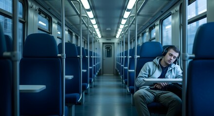 Fototapeta premium Sleepy Traveler Listening to Music on a Train