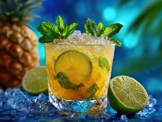 Cold summer tropical drink with crushed ice, lime and mint. Sweet pineapple lemonade