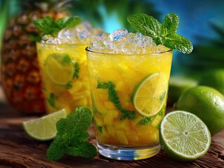 Cold summer tropical drink with crushed ice, lime and mint. Sweet pineapple lemonade