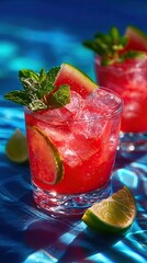 Fresh drink with watermelon and mint, cold summer lemonade, healthy non-alcoholic cocktail. Shadows of a sunny day on a blue background.