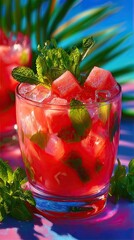 Fresh drink with watermelon and mint, cold summer lemonade, healthy non-alcoholic cocktail. Shadows of a sunny day on a blue background.
