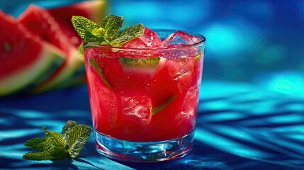 Fresh drink with watermelon and mint, cold summer lemonade, healthy non-alcoholic cocktail. Shadows of a sunny day on a blue background.
