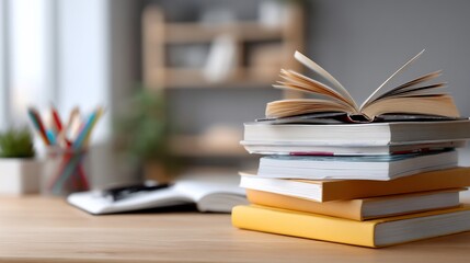 Stack of books with open one, desk, pens, and blurred background