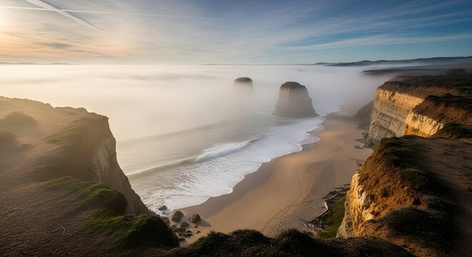 Coastal landscape featuring rock formations emerging from the sea shrouded in mist. The scene captures a serene atmosphere with a beach and cliffs under a cloudy sky. - Powered by Adobe