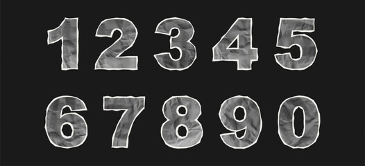 Crumpled Numbers Made of Crumpled Paper Texture With Torn Uneven Edges From 0 to 9 On a Black Background. Full Set of Numbers Made of Crumpled Paper. Vector Illustration.