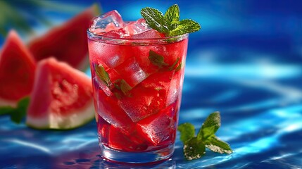 Fresh drink with watermelon and mint, cold summer lemonade, healthy non-alcoholic cocktail. Shadows of a sunny day on a blue background.