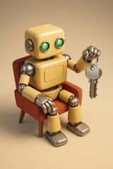 Naklejka premium Robot in armchair holding keys with green eyes and simple design on beige background