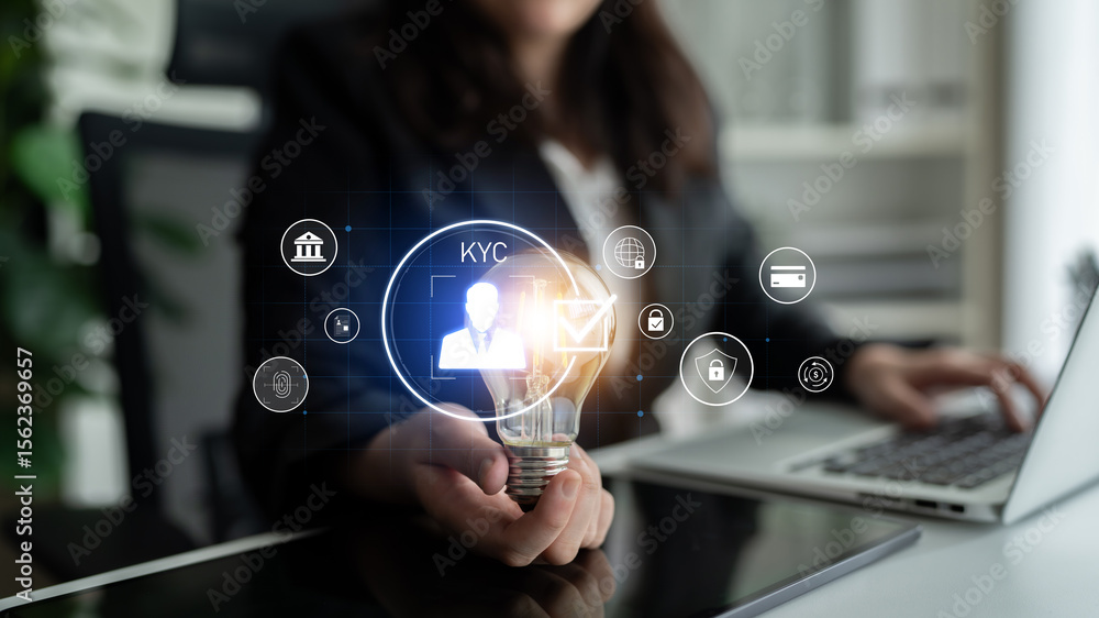 Poster digital kyc verification with biometric scan, id authentication, and financial security icons repres