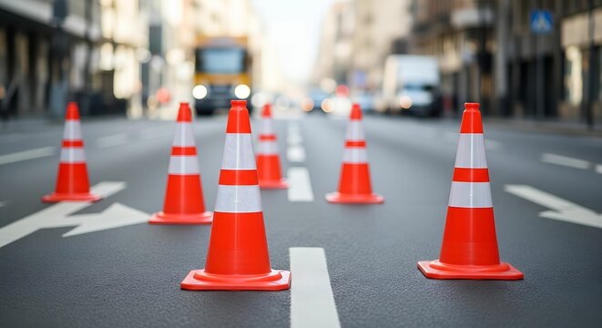 closeup arranged shiny orange traffic cone barrier in the street as a pattern