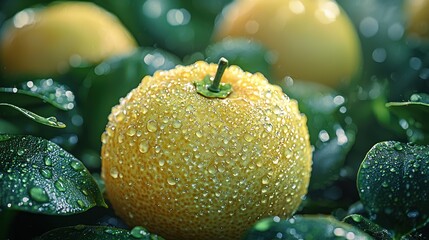 Dew-covered citrus orchard fruit, sunlight, leaves